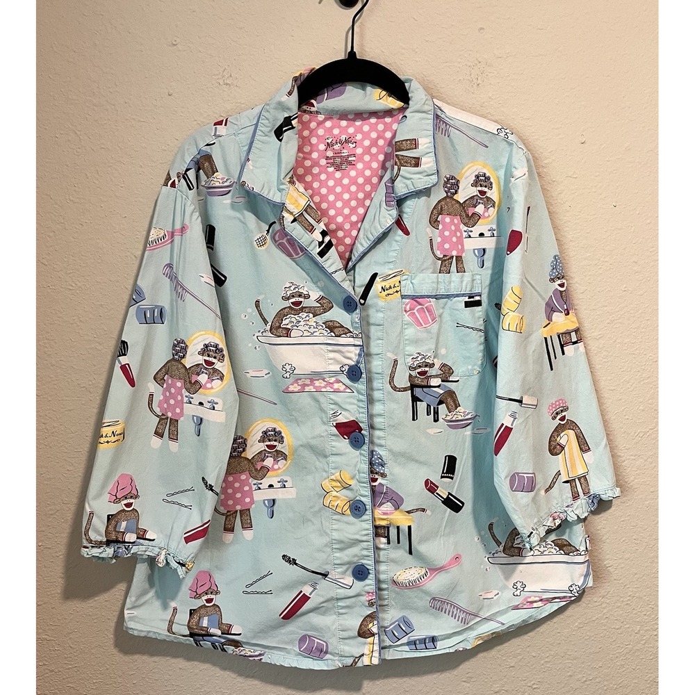 Nick and Nora Pajama Top Size Large Beauty Shop Sock Monkeys" 3/4 Sleeve Fun